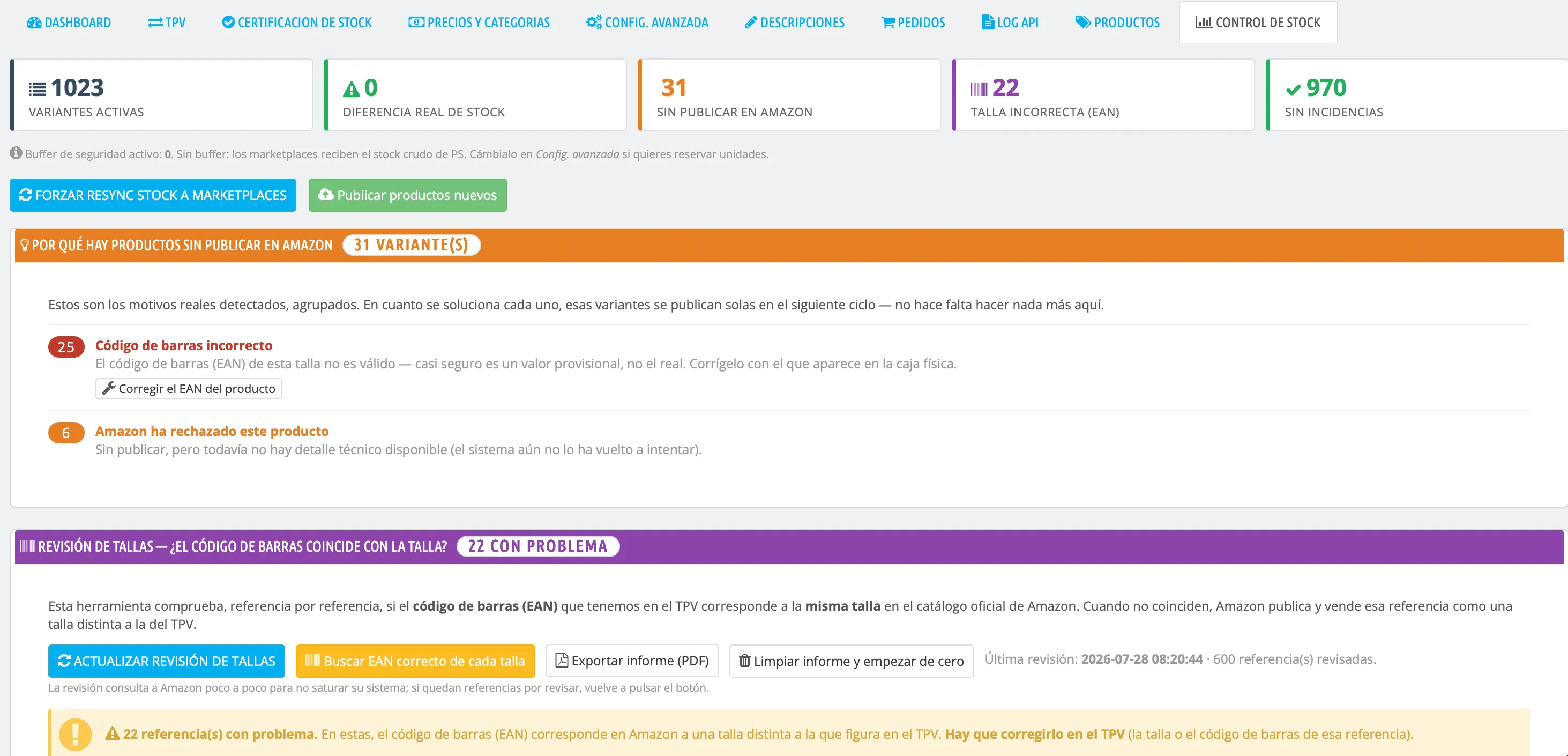 Amazon stock-control panel showing 1023 active variants, zero stock discrepancies and detailed publishing and EAN alerts