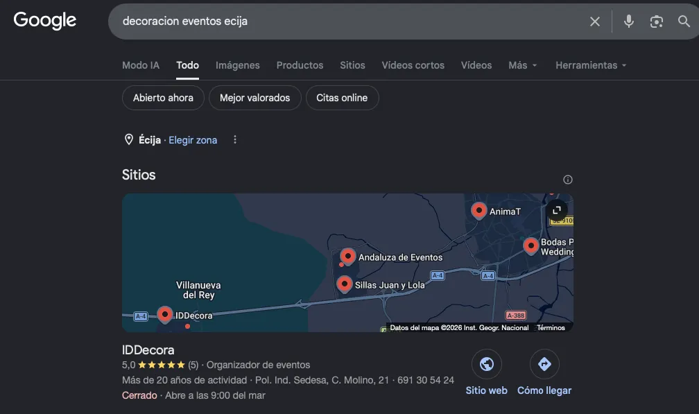 Pack local de Google para «decoración de eventos en Écija» con IDDecora como primer negocio del listado del mapa