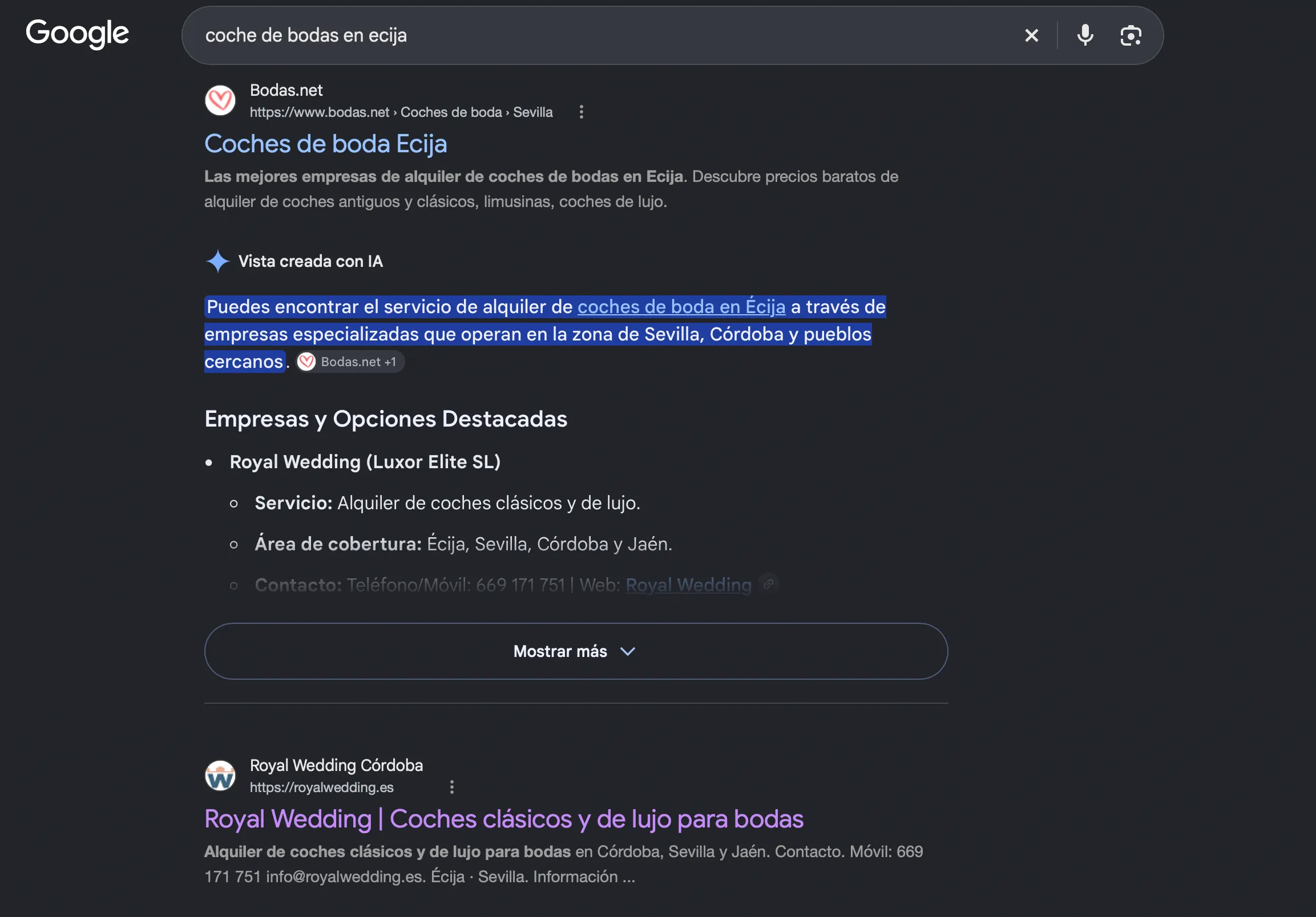 Vista creada con IA de Google para «coche de bodas en ecija» que destaca a Royal Wedding (Luxor Elite SL) con su servicio, zona de cobertura y contacto, seguida de royalwedding.es en los resultados orgánicos