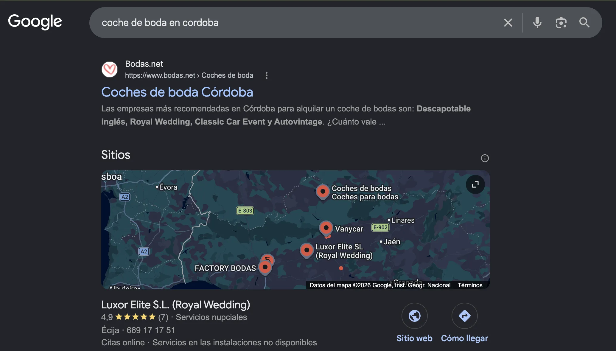 Google result for «coche de boda en cordoba» with Luxor Elite S.L. (Royal Wedding) as the first business in the map's local pack