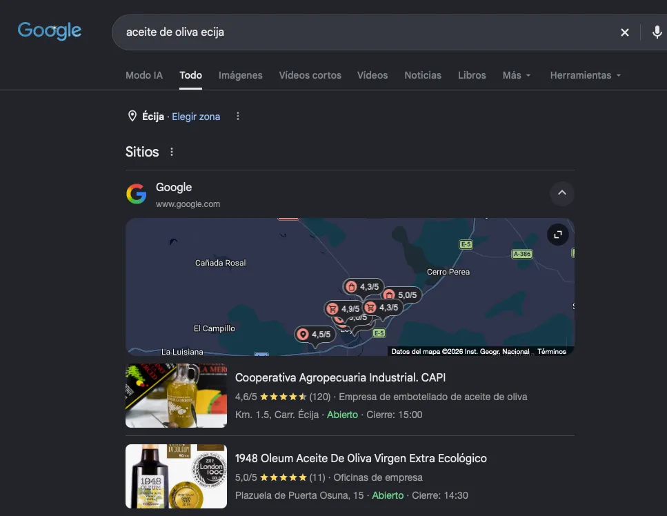 Google local pack for «aceite de oliva ecija» with the CAPI agricultural cooperative as the first business in the list, rated 4.6 from 120 reviews