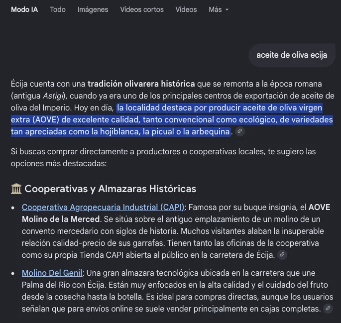 Google AI Mode answer for «aceite de oliva ecija» recommending the CAPI cooperative and its Molino de la Merced extra virgin olive oil first