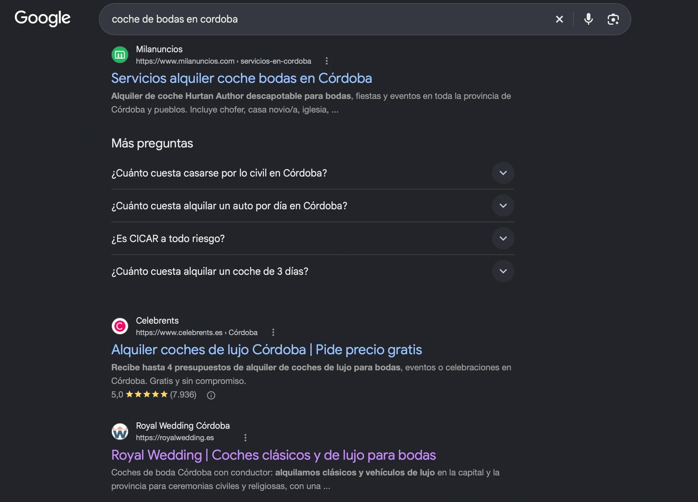 Primera página orgánica de Google para «coche de bodas en cordoba», con royalwedding.es como tercer resultado, detrás de Milanuncios y Celebrents