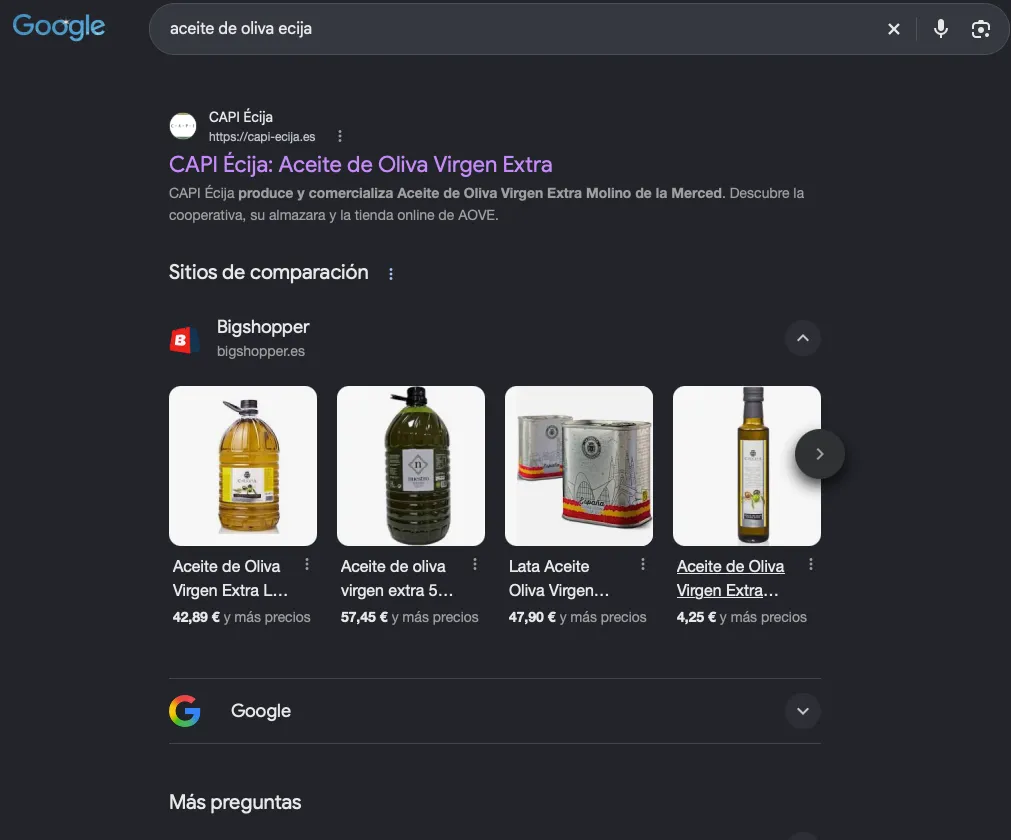 Google results for «aceite de oliva ecija» with capi-ecija.es as the first organic result, ahead of the price-comparison sites