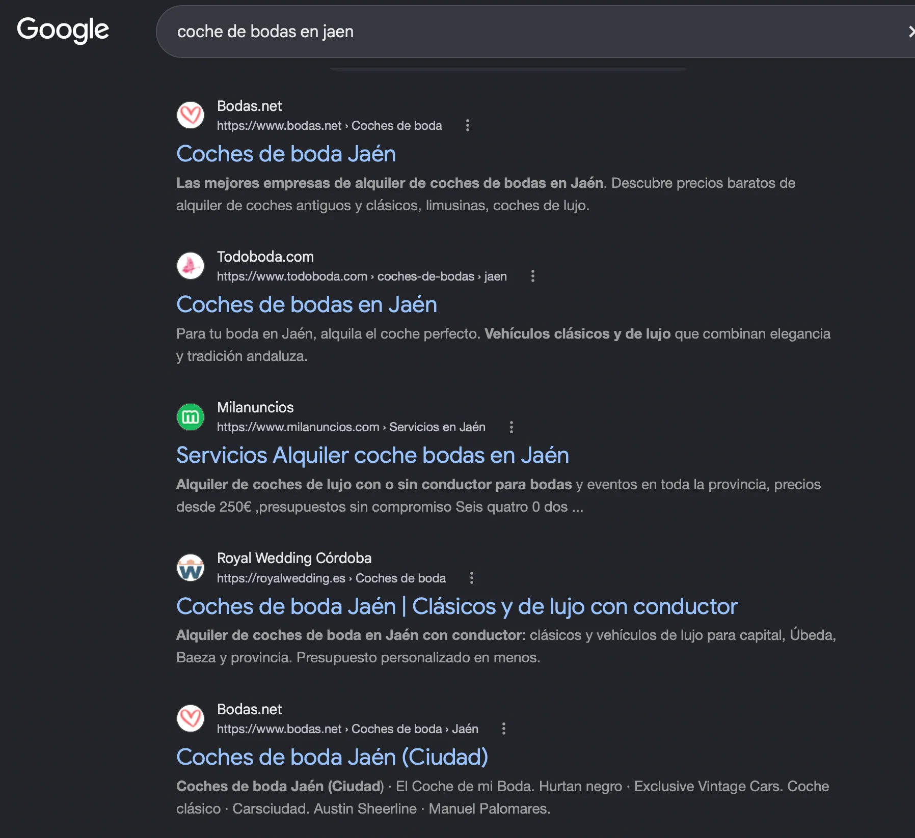Primera página orgánica de Google para «coche de bodas en jaen», con la página de Jaén de royalwedding.es como cuarto resultado, detrás de Bodas.net, Todoboda y Milanuncios