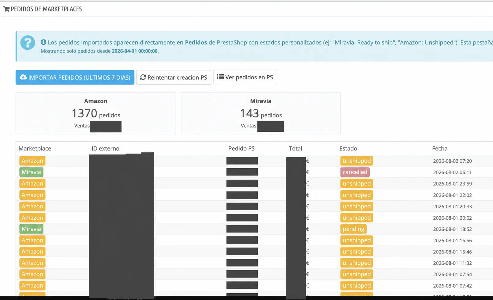 Sports Equipment Store order panel showing a cut-off of 1370 Amazon orders and 143 Miravia orders between April and July, with amounts and identifiers redacted